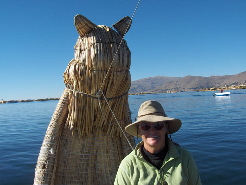 Sharon at the bow of the reed boad